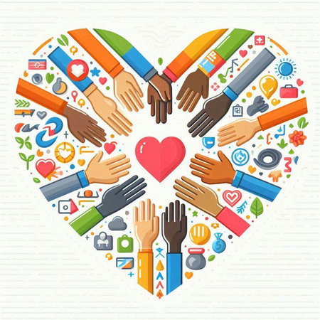 Human hands in heart shape with social media icons. Vector illustration.のイラスト素材