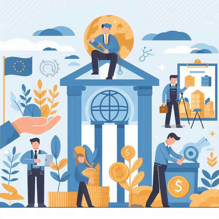 Bank building with people and money. Vector illustration in flat style.のイラスト素材