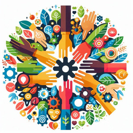 Teamwork and friendship concept. Vector illustration of human hands with gear wheelのイラスト素材