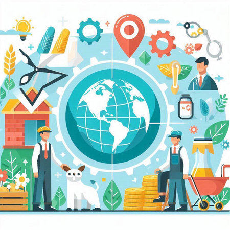 Flat design vector illustration concept of global business. People working around the world.のイラスト素材