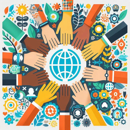 Human hands around the globe. Teamwork concept. Vector illustration.のイラスト素材