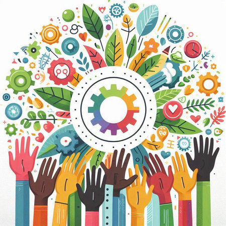 Colorful hands with gear wheel in the center. Vector illustration.のイラスト素材