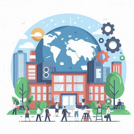 People in front of school building. Education concept. Flat vector illustration.のイラスト素材