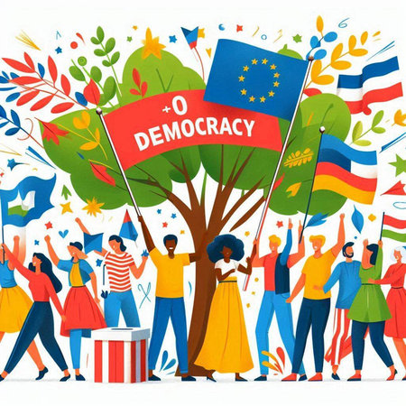 International Day of Democracy. Group of People Holding Flag of the European Union. Vector Illustration.のイラスト素材