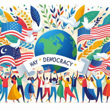 International Day of Democracy. Vector illustration with people holding flags of different countries.のイラスト素材