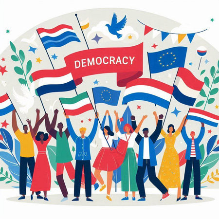 People with flags and banners. Vector illustration in flat cartoon style.のイラスト素材