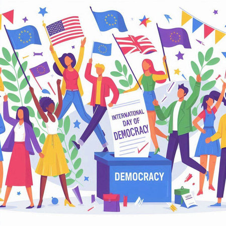 Vector illustration of election day in the United States of America. People with flags and voting boxes.のイラスト素材