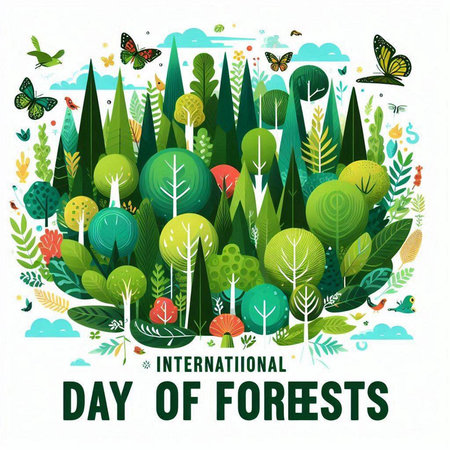 International Day of Forests. Vector illustration with forest and butterflies.のイラスト素材