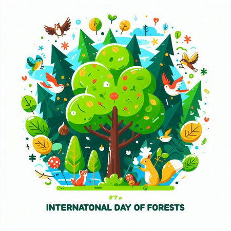 International Day of Forests. Cute cartoon vector illustration in flat style.のイラスト素材