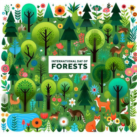 Forest with animals and plants. Flat style vector illustration for your designのイラスト素材
