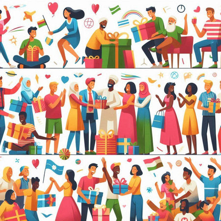 Happy people celebrating birthday party. Flat vector illustration of happy people with gift boxes and ribbons.のイラスト素材