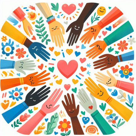 Illustration of a group of hands with a heart and flowers aroundのイラスト素材