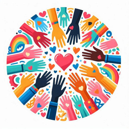 Colorful hands with heart and love symbol in circle. Vector illustration.のイラスト素材