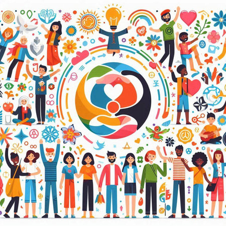 Flat design vector illustration of a group of people around the globe.のイラスト素材