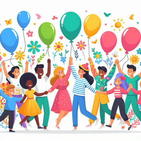 Group of happy people with balloons and flowers, flat vector illustration.のイラスト素材
