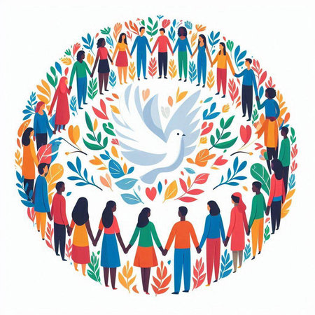 International day of peace concept. Group of people with dove in circle. Vector illustration.のイラスト素材