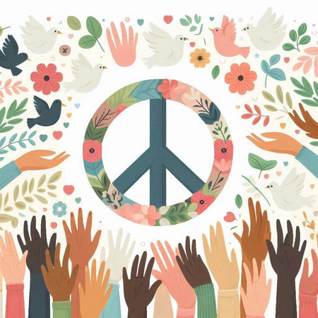 Peace symbol with human hands and flowers. Vector illustration of peace symbol.のイラスト素材