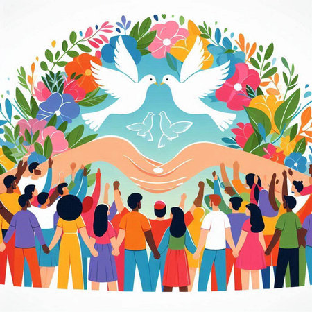 International Day of Peace concept. Group of people with doves and flowers.のイラスト素材