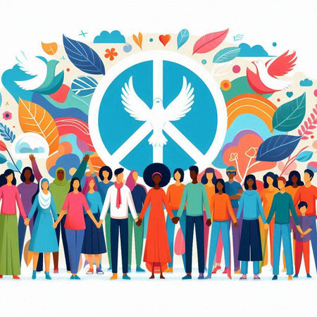 International Day of Peace. People with peace sign. Vector illustration.のイラスト素材