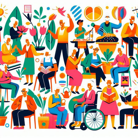 People with disabilities, handicapped men and women sitting in wheelchair and reading books. Flat vector illustration.のイラスト素材