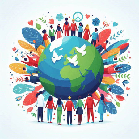 World Environment Day. Group of people around the planet Earth. Vector illustration.のイラスト素材