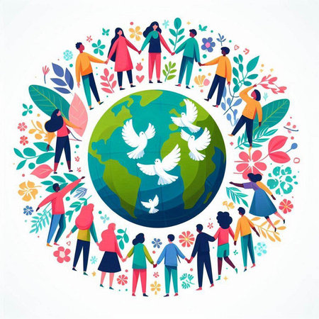 International Day of Peace concept with people around the globe. Vector illustration.のイラスト素材