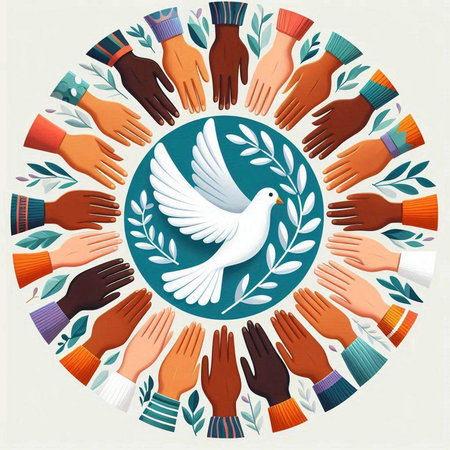 Circle of hands with white dove and olive branch. Vector illustration.のイラスト素材