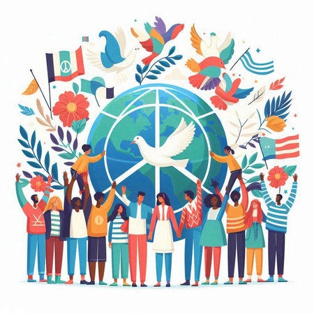 International Day of Peace concept. Group of people with flags and symbols of the world. Vector illustrationのイラスト素材