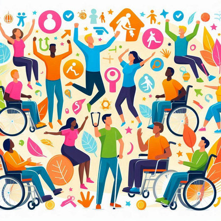 Disabled people concept. Handicapped men and women on wheelchair vector illustration.のイラスト素材