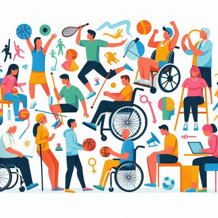 Disabled people flat vector illustration. Handicapped men and women in wheelchair playing basketball, tennis, volleyball, tennis, baseball, basketball, tennis, badminton, basketball, tennis.のイラスト素材