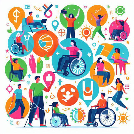 Disabled people concept with flat icons and people on wheelchair vector illustrationのイラスト素材