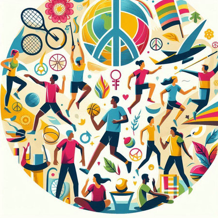 Vector illustration of people doing sports, fitness and healthy lifestyle in circle.のイラスト素材