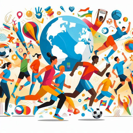 Soccer players with ball and world map. Flat vector illustration.のイラスト素材