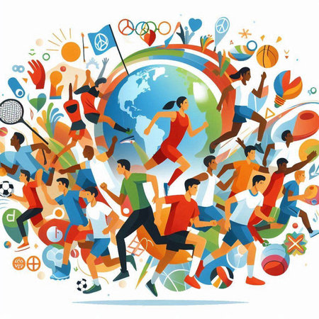 Vector illustration of a group of people running and jumping around the worldのイラスト素材