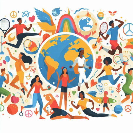 World health day concept with people and healthy lifestyle icons flat vector illustrationのイラスト素材