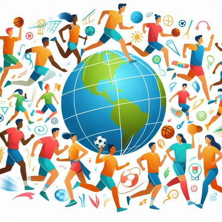 Vector illustration of a group of young people running around the world.のイラスト素材