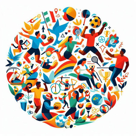 Vector illustration of a group of people playing soccer, football, basketball, baseball, tennis, rugby, volleyball, tennis, tennis, tennis, soccer, football, basketball, tennis.のイラスト素材