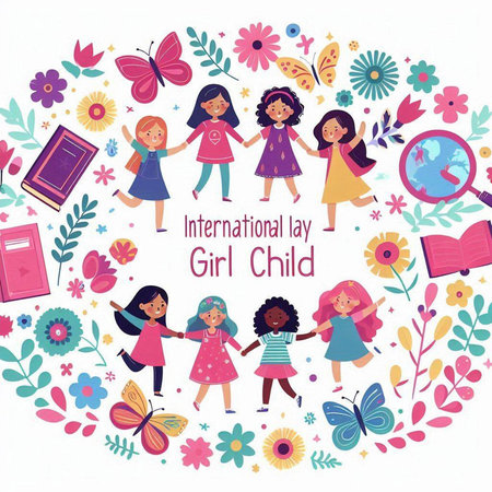 International Girl Child Day. Cute cartoon kids with flowers and butterflies. Vector illustration.のイラスト素材