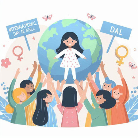 International Women's Day vector illustration. Group of diverse people with globe on white background.のイラスト素材
