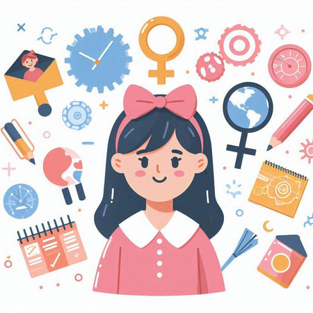 Vector illustration of a young girl with various school and office supplies.のイラスト素材