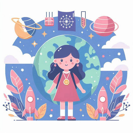 Cute little girl with a medal on the background of the planet. Vector illustrationのイラスト素材