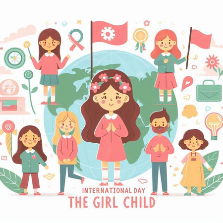 International Children's Day. Vector illustration with cute cartoon girls and icons.のイラスト素材