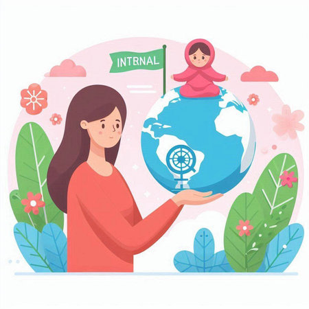 Muslim woman holding earth globe vector illustration. World environment day concept.のイラスト素材