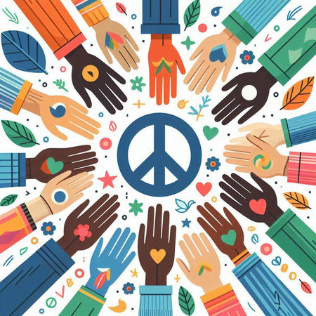 Hands with peace sign around the circle. Flat design vector illustration.のイラスト素材