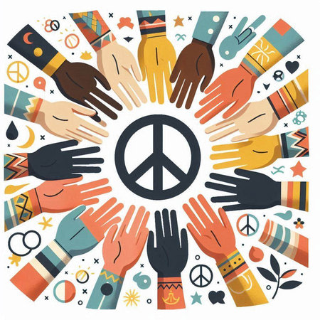 Hands around the peace symbol. Vector illustration in flat style.のイラスト素材
