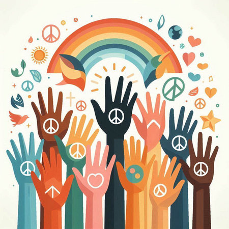 Hands of people with symbols of peace and love, vector illustrationのイラスト素材
