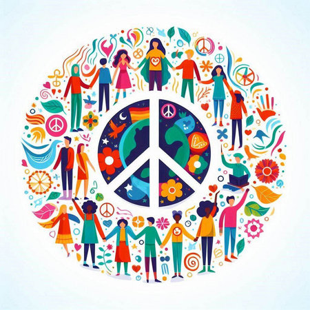 World peace day concept. Group of people standing in circle with peace sign. Vector illustrationのイラスト素材