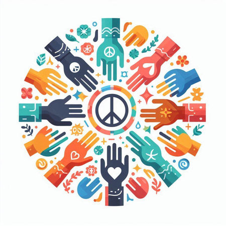 Hands with peace sign in the center of the circle. Vector illustrationのイラスト素材