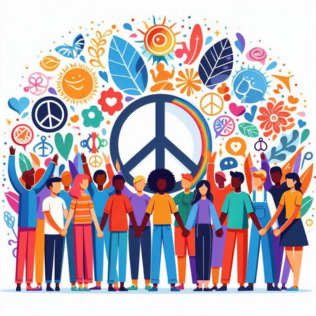 World peace day vector illustration. Group of people standing together with peace sign in circle shapeのイラスト素材