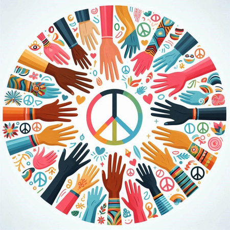 Circle of hands with peace symbol in center. Vector illustration.のイラスト素材